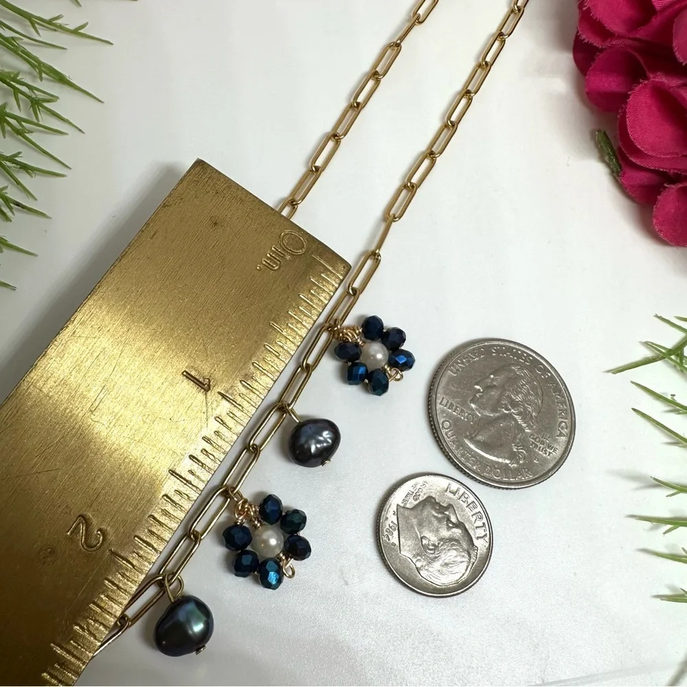 NEW⚜️Freshwater Tahitian Pearl & Crystal Flower Charm Necklace